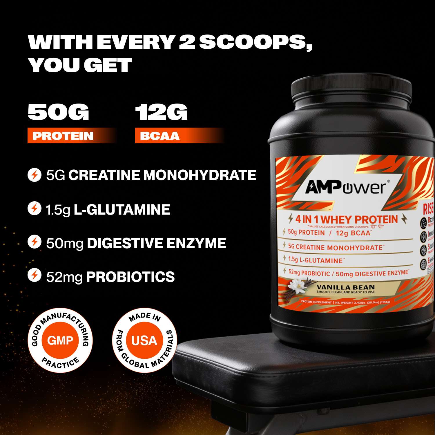 Vanilla Beans AMPOWER Whey Protein Case  of 4 Jars